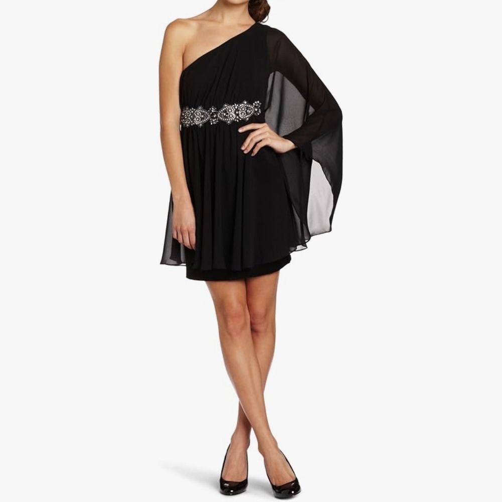 Eliza J Black One Shoulder Cocktail Mini Dress Size 6‎